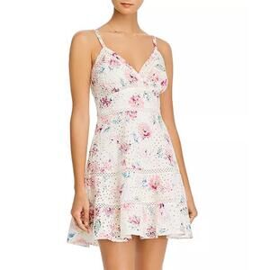 AQUA Printed Eyelet Mini Dress White Sz L Large
